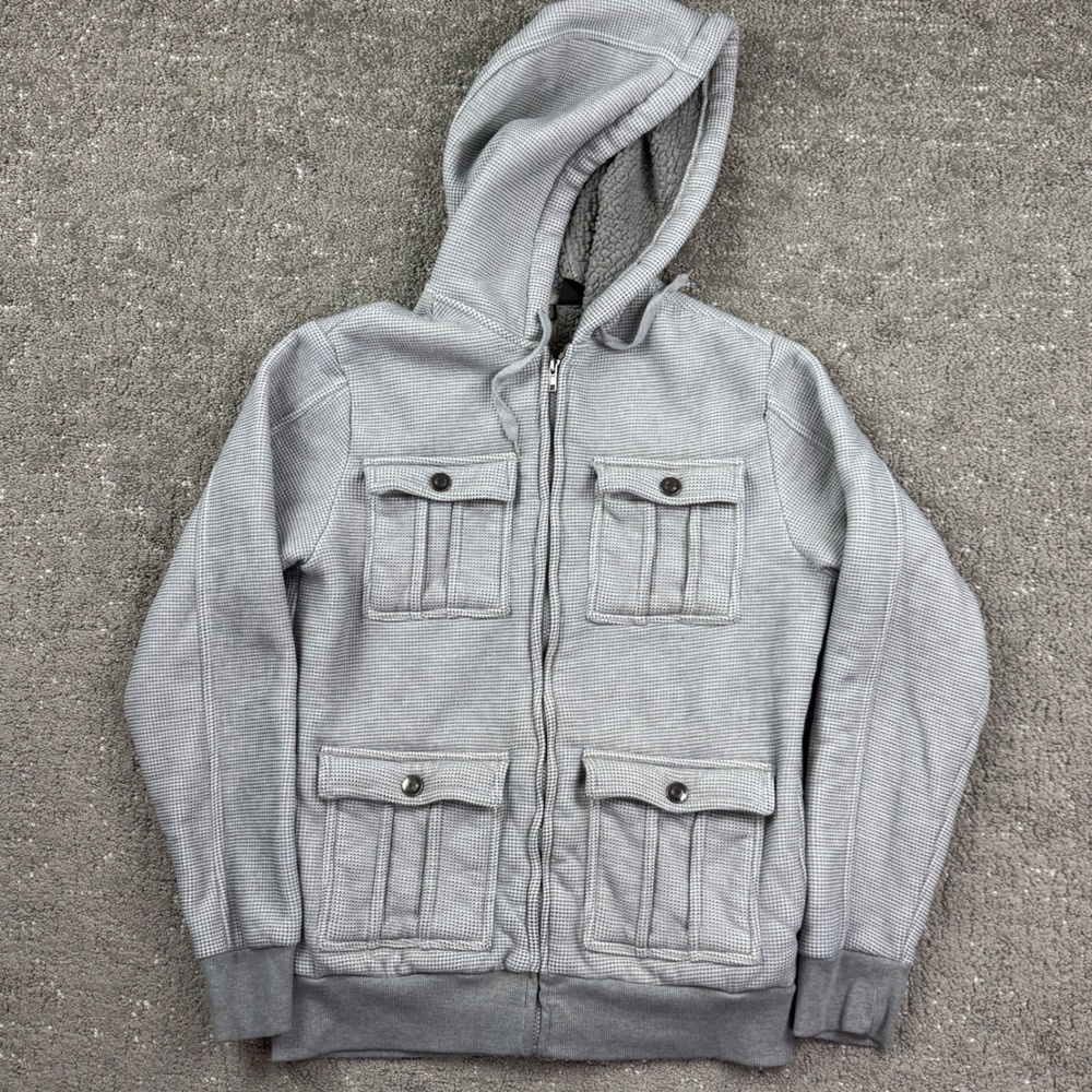 Y2K Utility Hoodie Mens M Gray 4 Pocket Sherpa Lined Full Zip Helix